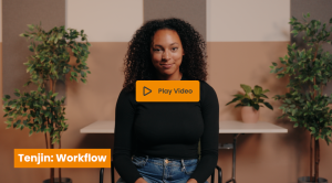 Female presenter introducing Tenjin workflow design demo with easy drag-and-drop low-code workflows integrating into an automation and knowledge ecosystem